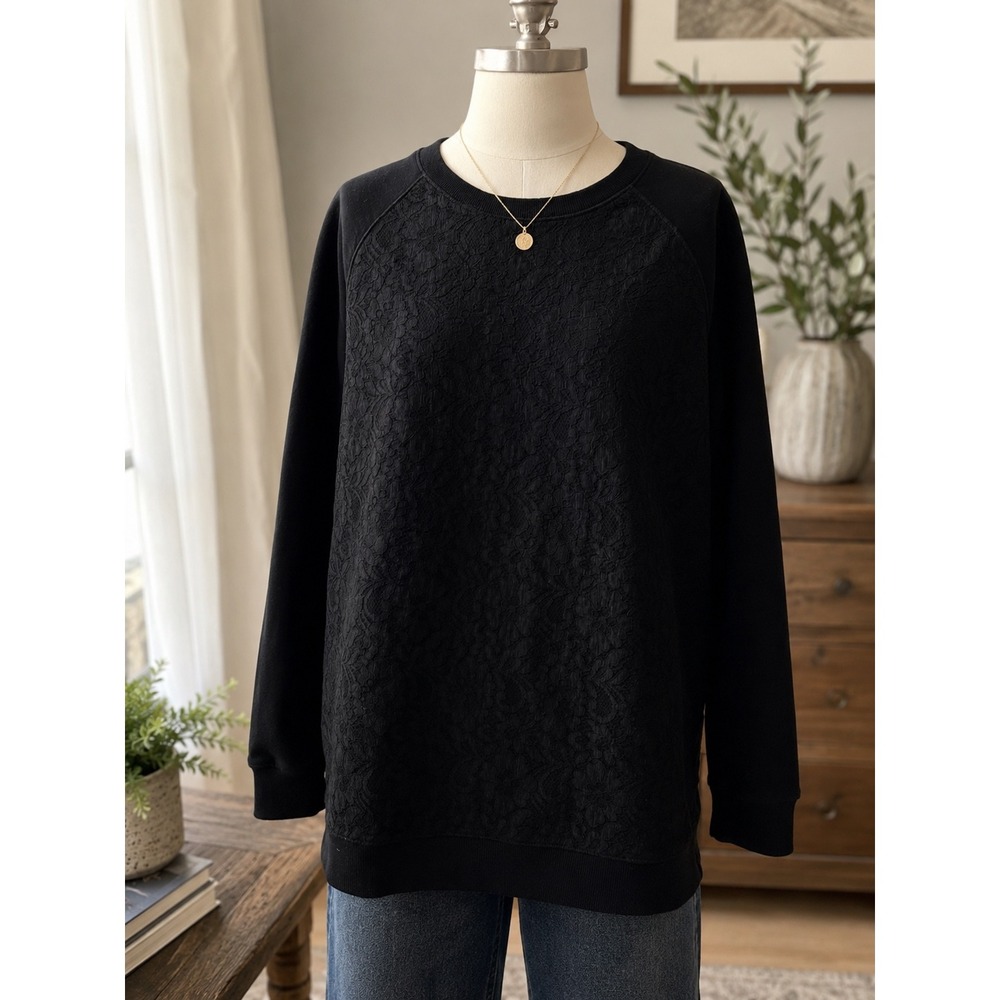 Lauren Ralph Lauren Black Lace Front Sweatshirt Womens 2X Raglan Sleeve Top